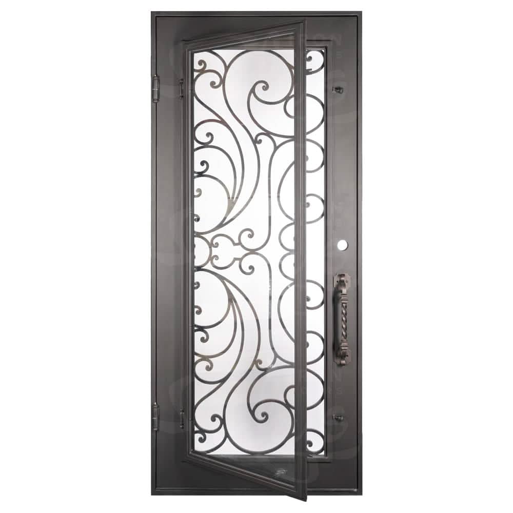 Sunset Pre-hung black wrought iron flat top single door with glass insert.