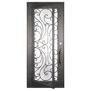 Sunset Pre-hung black wrought iron flat top single door with glass insert.