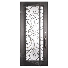 Load image into Gallery viewer, Single entryway door with a full glass panel behind intricate iron detailing. Door is made of iron and steel and is thermally broken to protect from extreme weather.