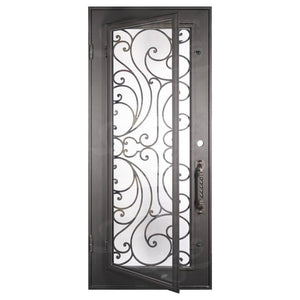 Single entryway door with a full glass panel behind intricate iron detailing. Door is made of iron and steel and is thermally broken to protect from extreme weather.