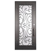 Sunset Bronze color iron flat top single entry door with thick glass and metalwork.
