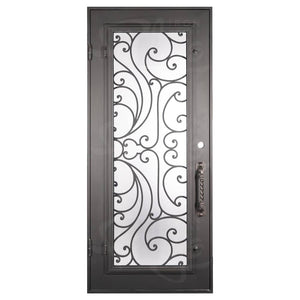 Single entryway door with a full length pane of glass behind intricate iron detailing. Door is thermally broken to protect from extreme weather.