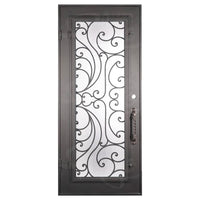 Single entryway door with a full glass panel behind intricate iron detailing. Door is made of iron and steel and is thermally broken to protect from extreme weather.