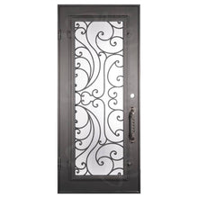 Load image into Gallery viewer, Single entryway door with a full glass panel behind intricate iron detailing. Door is made of iron and steel and is thermally broken to protect from extreme weather.