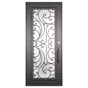 Single entryway door with a full glass panel behind intricate iron detailing. Door is made of iron and steel and is thermally broken to protect from extreme weather.