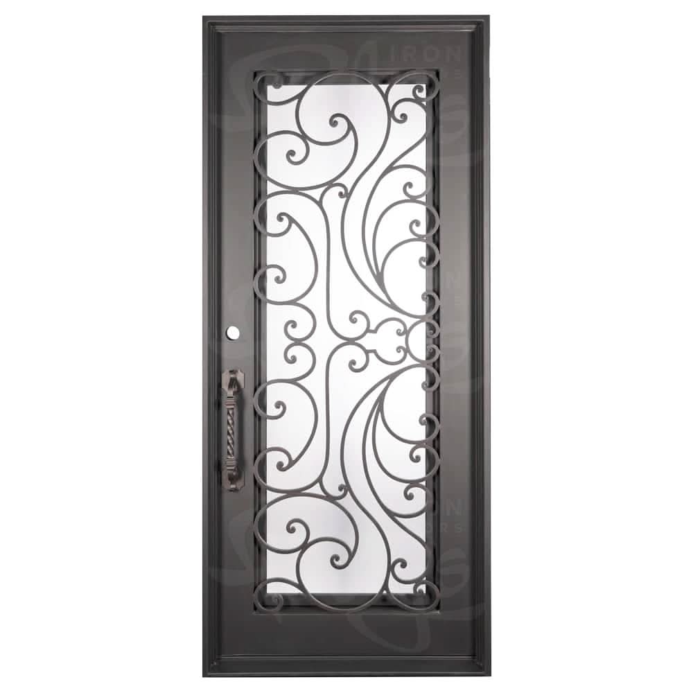 Sunset Single flat top door with decorative scrollwork and dual-pane glass panel.