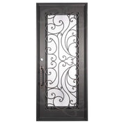 Sunset Single flat top door with decorative scrollwork and dual-pane glass panel.