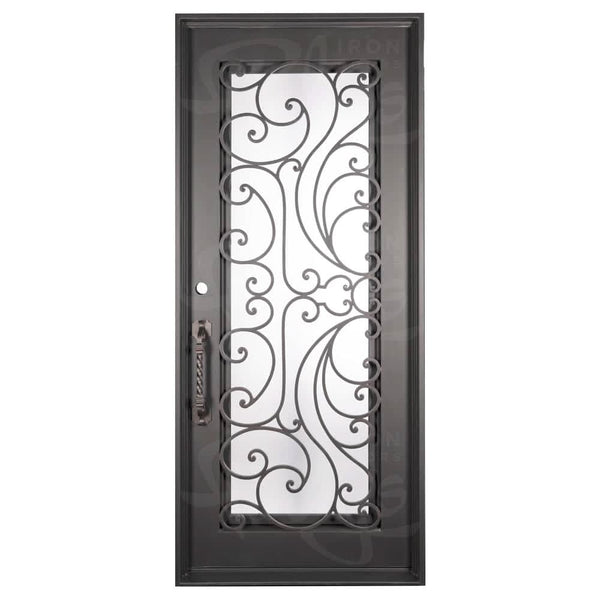 Sunset Single flat top door with decorative scrollwork and dual-pane glass panel.