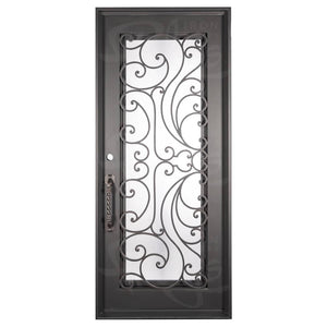 Single entryway door with a full glass panel behind intricate iron detailing. Door is made of iron and steel and is thermally broken to protect from extreme weather.