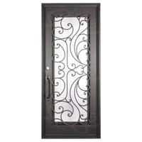 Single entryway door with a panel of glass behind iron detailing.