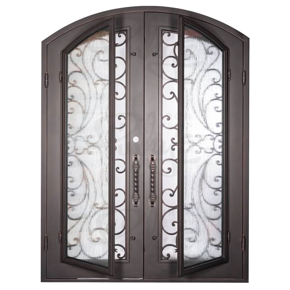 Sunset with Handgrip bronze colored metal arched top double entry door with glass and thermal break.