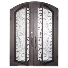 Load image into Gallery viewer, Double entryway doors with a glass panel behind intricate iron detailing and a slight arch on top. Doors are made of iron and steel and are thermally broken to protect from extreme weather.