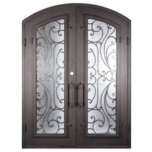 Double entryway doors with a glass panel behind intricate iron detailing and a slight arch on top. Doors are made of iron and steel and are thermally broken to protect from extreme weather.
