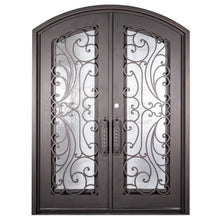 Load image into Gallery viewer, Double entryway doors made with a thick iron and steel frame. Doors feature full panel windows behind intricate iron detailing, a kickplate, and a slight arch on top. Doors are thermally broken to protect from extreme weather.