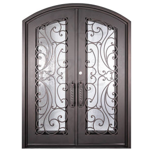 Double entryway doors made with a thick iron and steel frame. Doors feature full panel windows behind intricate iron detailing, a kickplate, and a slight arch on top. Doors are thermally broken to protect from extreme weather.