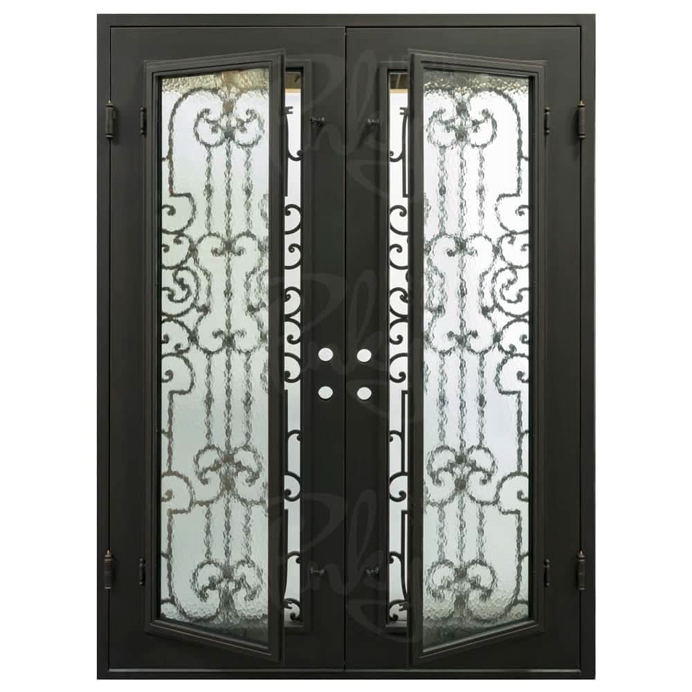 Washington bronze color wrought iron double flat top patio door with glass.