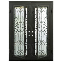 Double entryway doors with a panel of glass behind iron detailing.