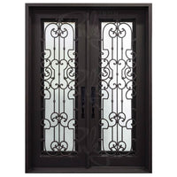 Double entryway doors with a panel of glass behind iron detailing.