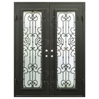 Double entryway doors with a panel of glass behind iron detailing.