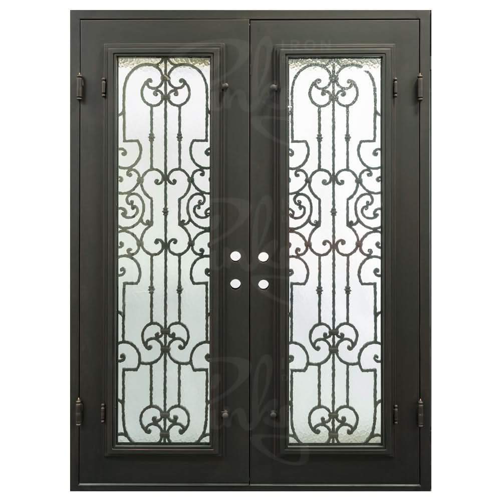Washington black exterior wrought iron double flat entry door with glass.