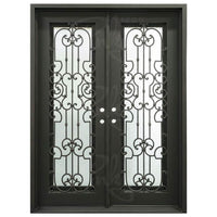 Double entryway doors with a panel of glass behind iron detailing.