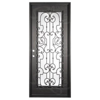 Single entryway door with a panel of glass behind iron detailing.