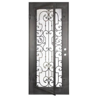 Single entryway door with a panel of glass behind iron detailing.