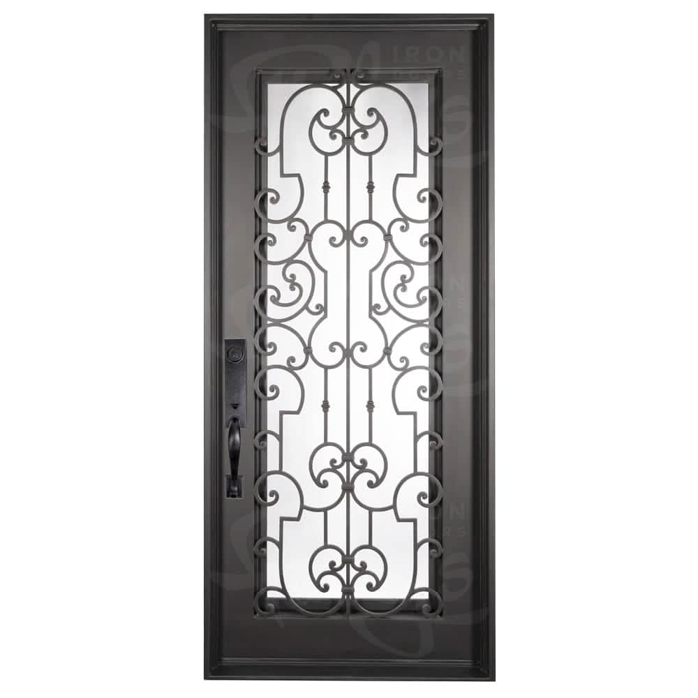 Washington single flat entry door with thermal barrier and decorative metalwork in bronze color.