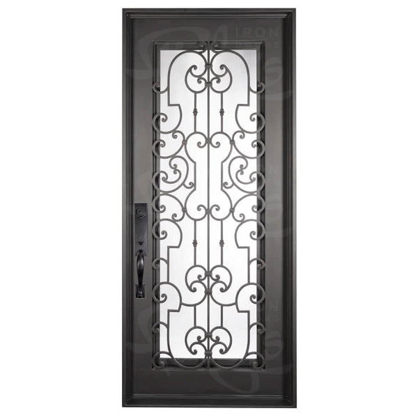 Washington single flat entry door with thermal barrier and decorative metalwork in bronze color.