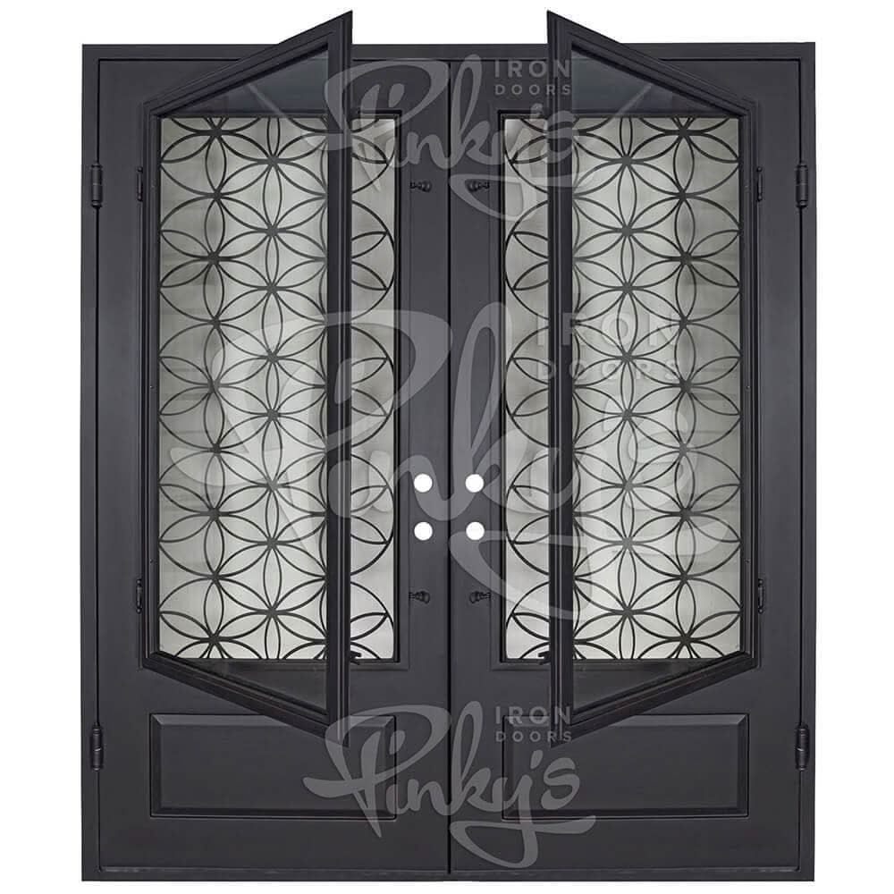 Woodstock black exterior wrought iron double square top front door with glass.