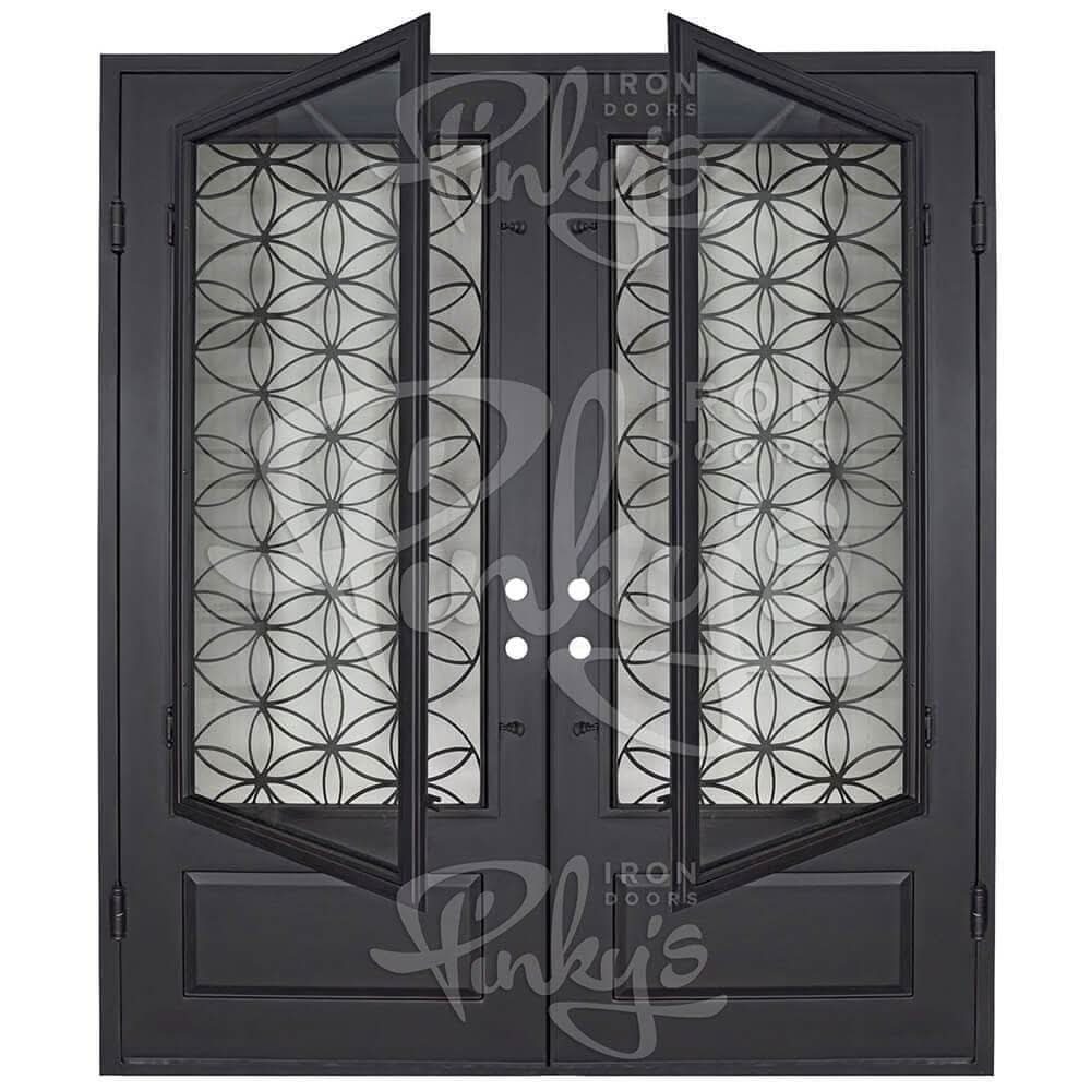 Woodstock black wrought iron double square top door with dual-pane glass.