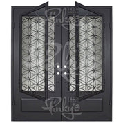 Woodstock black wrought iron double square top door with dual-pane glass.
