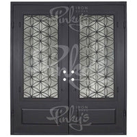 Double entryway doors with a 3/4 glass panel behind intricate iron detailing. Doors are made of iron and steel and are thermally broken to protect from extreme weather.