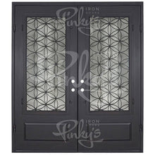 Load image into Gallery viewer, Double entryway doors with a 3/4 glass panel behind intricate iron detailing. Doors are made of iron and steel and are thermally broken to protect from extreme weather.