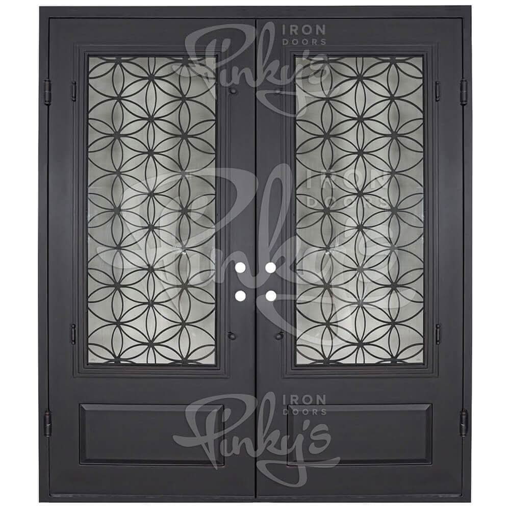 Woodstock pre-hung bronze color metal double flat top entry door with glass.