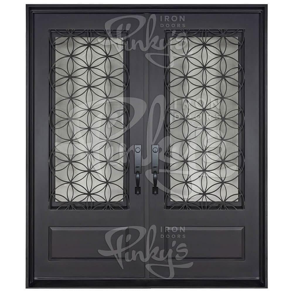 Woodstock bronze color iron double door with tempered glass and square top.