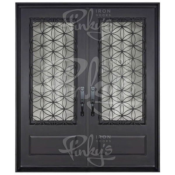Woodstock bronze color iron double door with tempered glass and square top.