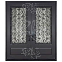 Double entryway doors with a 3/4 glass panel behind intricate iron detailing. Doors are made of iron and steel and are thermally broken to protect from extreme weather.