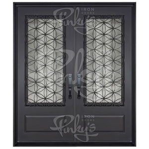 Double entryway doors with a 3/4 glass panel behind intricate iron detailing. Doors are made of iron and steel and are thermally broken to protect from extreme weather.