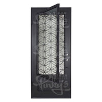 Single entryway door with a panel of glass behind iron detailing.