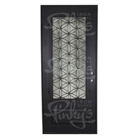 Single entryway door with a 3/4 glass panel behind intricate iron detailing. Door is made of iron and steel and is thermally broken to protect from extreme weather.