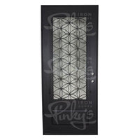 Single entryway door with a 3/4 glass panel behind intricate iron detailing. Door is made of iron and steel and is thermally broken to protect from extreme weather.