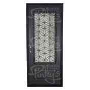 Woodstock single flat exterior door with thermal break and decorative metalwork in matte black.