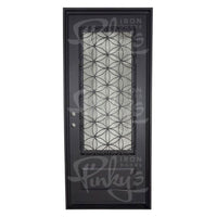 Single entryway door with a 3/4 glass panel behind intricate iron detailing. Door is made of iron and steel and is thermally broken to protect from extreme weather.