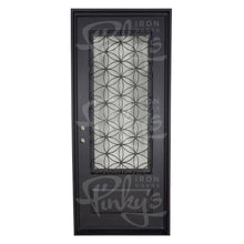 Load image into Gallery viewer, Single entryway door with a 3/4 glass panel behind intricate iron detailing. Door is made of iron and steel and is thermally broken to protect from extreme weather.