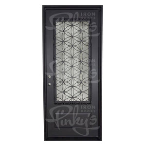 Single entryway door with a 3/4 glass panel behind intricate iron detailing. Door is made of iron and steel and is thermally broken to protect from extreme weather.