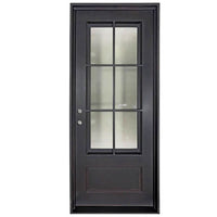 Single entryway door with a thick iron and steel frame and a full pane of glass behind intricate iron detailing.