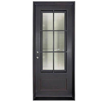 Single entryway door made with a thick iron frame. Door has a 3/4 glass window panel with window-frame detailing and is thermally broken to protect from extreme weather.