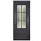 Single entryway door made with a thick iron frame. Door has a 3/4 glass window panel with window-frame detailing and is thermally broken to protect from extreme weather.