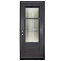 Single entryway door made with a thick iron frame. Door has a 3/4 glass window panel with window-frame detailing and is thermally broken to protect from extreme weather.
